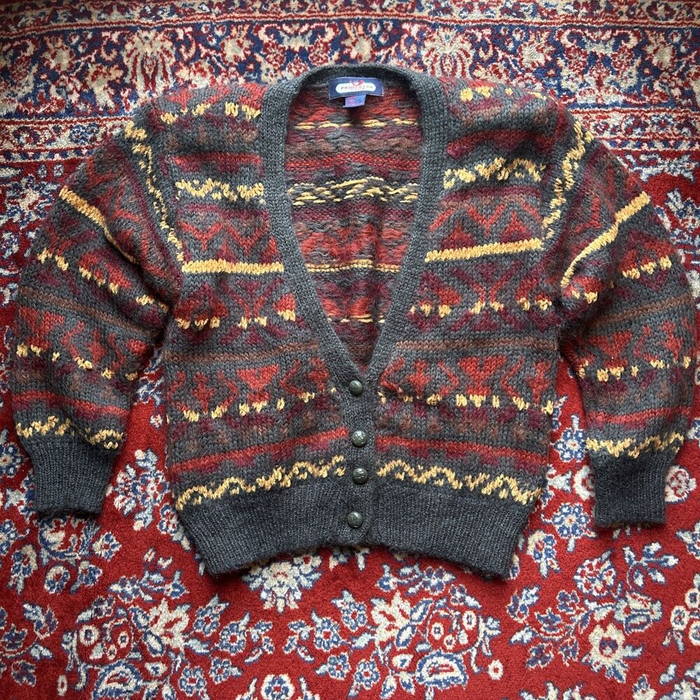 J Princeton Club Sweater Medium Green Wool Blend Cardigan Fair Isle